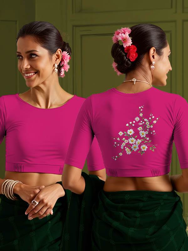 Back View plain-back-elbow-sleeves-sleeve-hot-pink-main-front-plain-front-back-dasies-back
