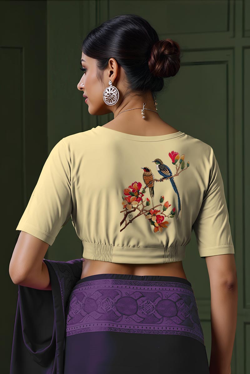 Back View plain-back-elbow-sleeves-sleeve-cream-back-multicoloured-exotic-birds