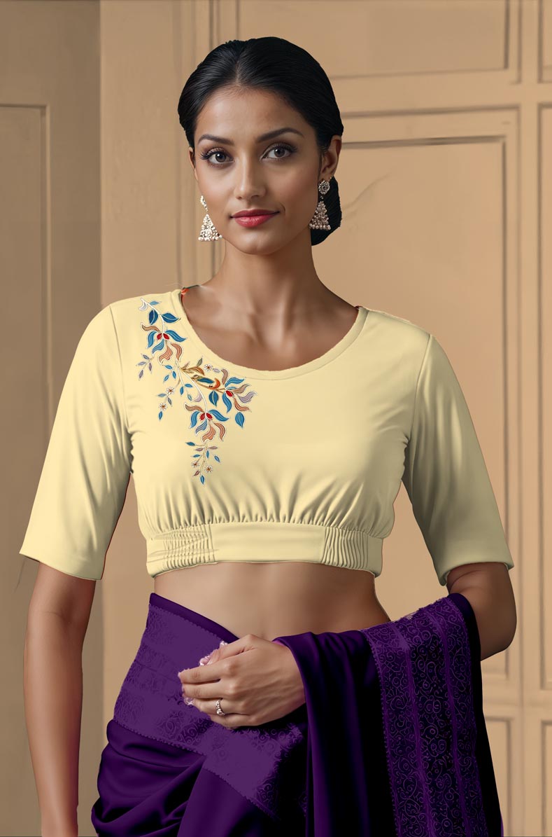 Front View plain-back-elbow-sleeves-sleeve-cream-front-blue-vine-front