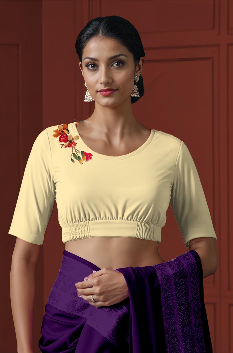 Front View plain-back-elbow-sleeves-sleeve-cream-front-multicoloured-exotic-birds-front