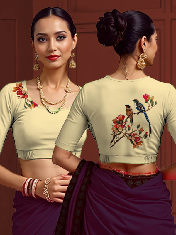 Back View plain-back-elbow-sleeves-sleeve-cream-main-front-multicoloured-exotic-birds-front-back-multicoloured-exotic-birds