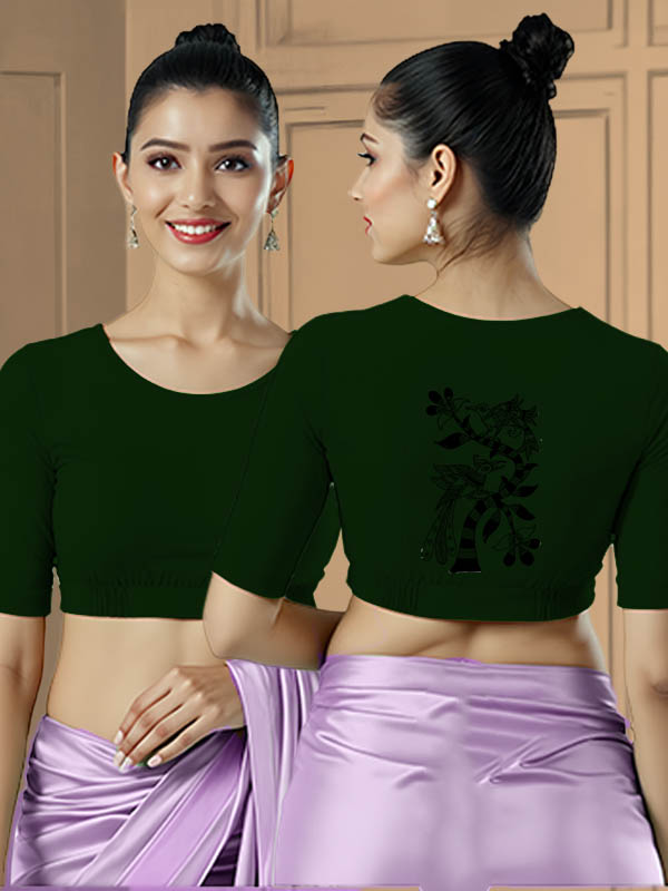 Back View plain-back-elbow-sleeves-sleeve-dark-green-main-front-plain-front-back-kalamkari-tree