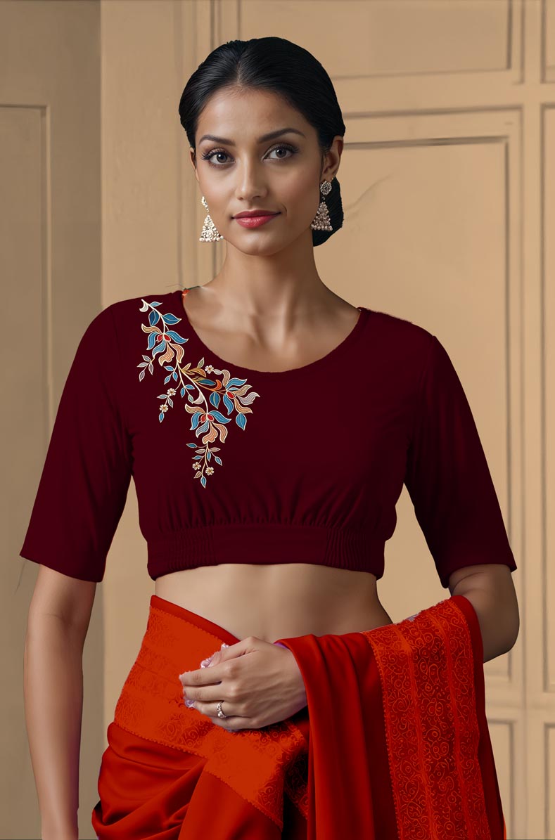 Front View plain-back-elbow-sleeves-sleeve-maroon-front-blue-vine-front