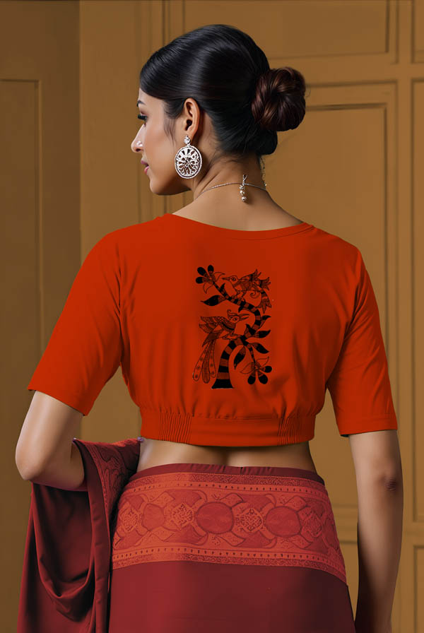 Back View plain-back-elbow-sleeves-sleeve-teal-back-kalamkari-tree
