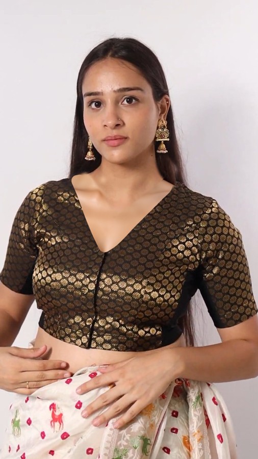 Front View plain-back-elbow-sleeves-sleeve-brocade-black-front-plain-front