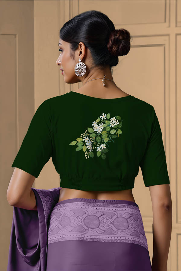 Back View plain-back-elbow-sleeves-sleeve-dark-green-back-jasmine-branch