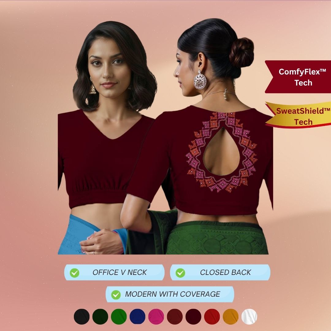 V Neck Comfyflex blouse with Teardrop back cutout and SweatShield