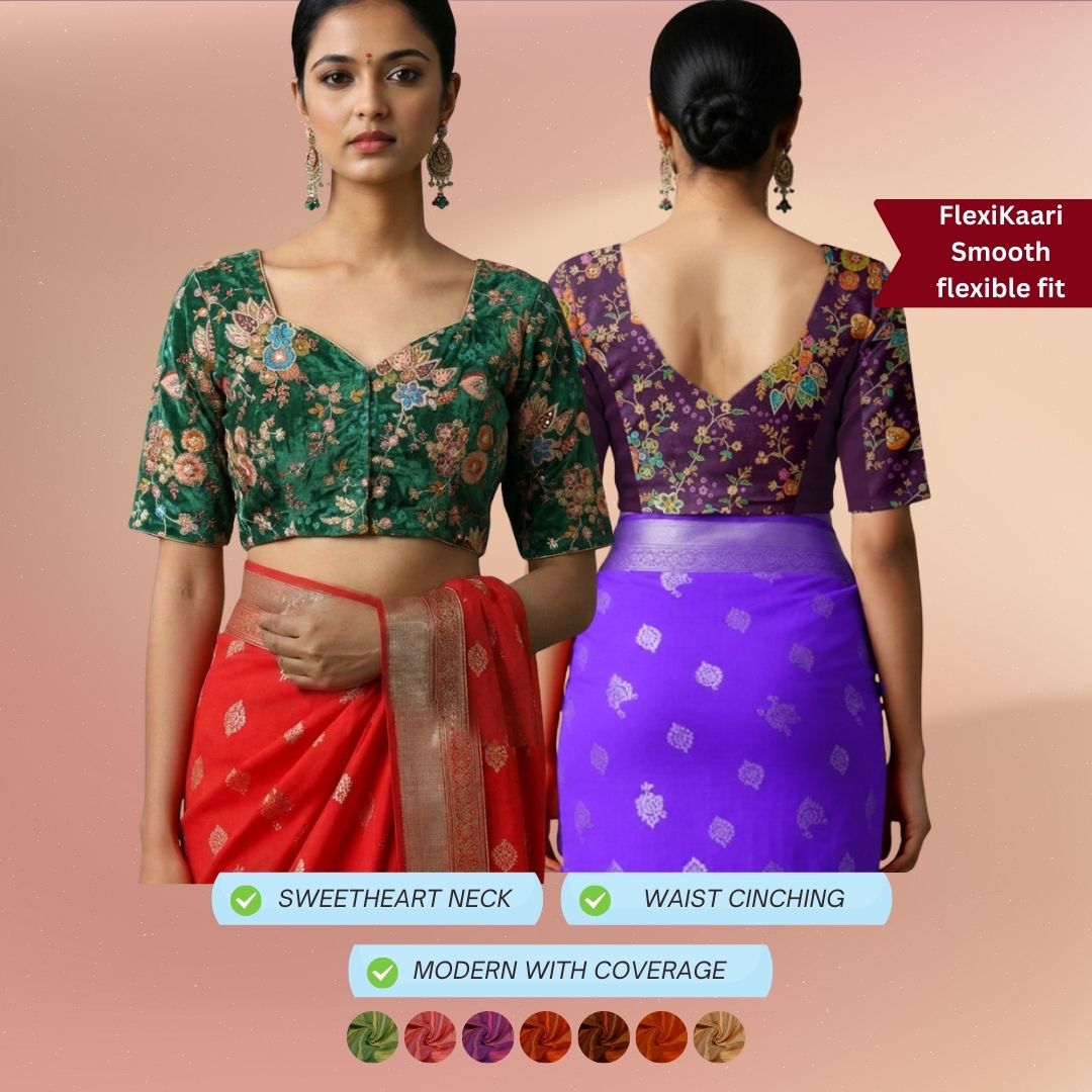 All over embroidery V neck, Deep V back Flexikaari Stretchable blouse