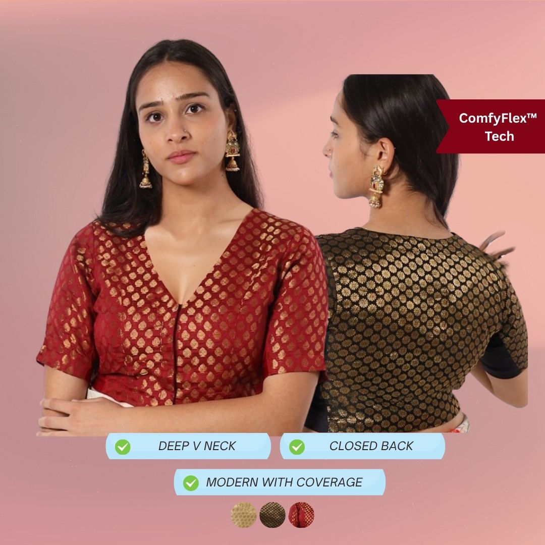 Deep V neck Brocade blouse with ComfyFlex