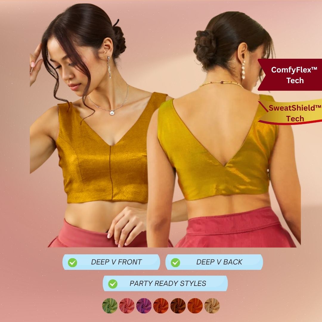 Tissue Deep V Neck deep back Sleeveless ComfyFlex Saree Blouse With SweatShield
