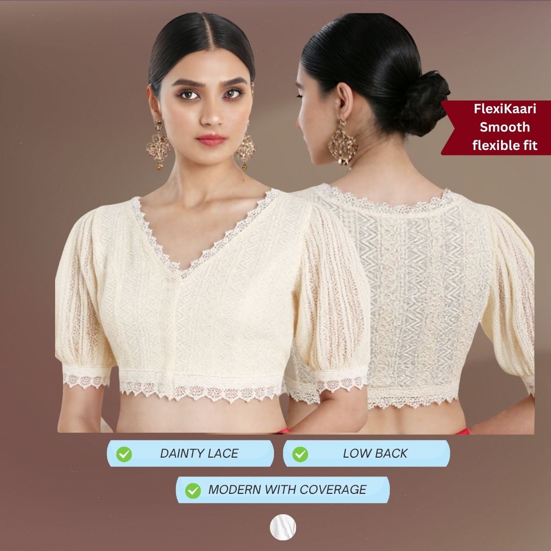 FlexiKaari Cotton Lace Blouse with Puff Sleeves