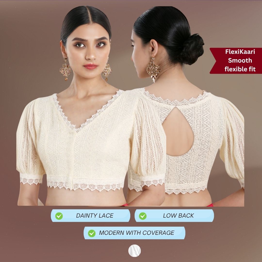 FlexiKaari Cotton Lace Blouse Puff Sleeves teardrop back
