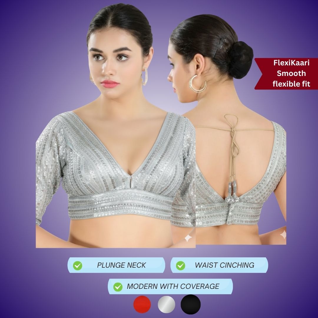 Elbow Sleeves Plunging Neck Flexikaari Stretchable Blouse