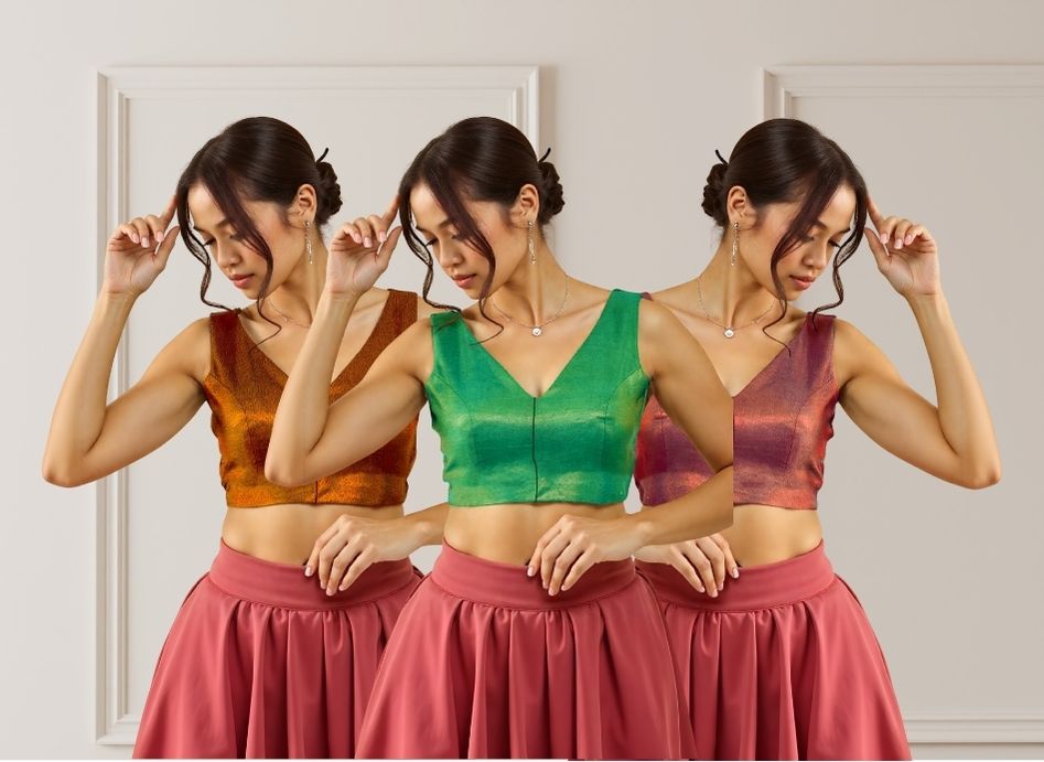 Tissue V Neck deep back Sleeveless ComfyFlex Saree Blouse With SweatShield