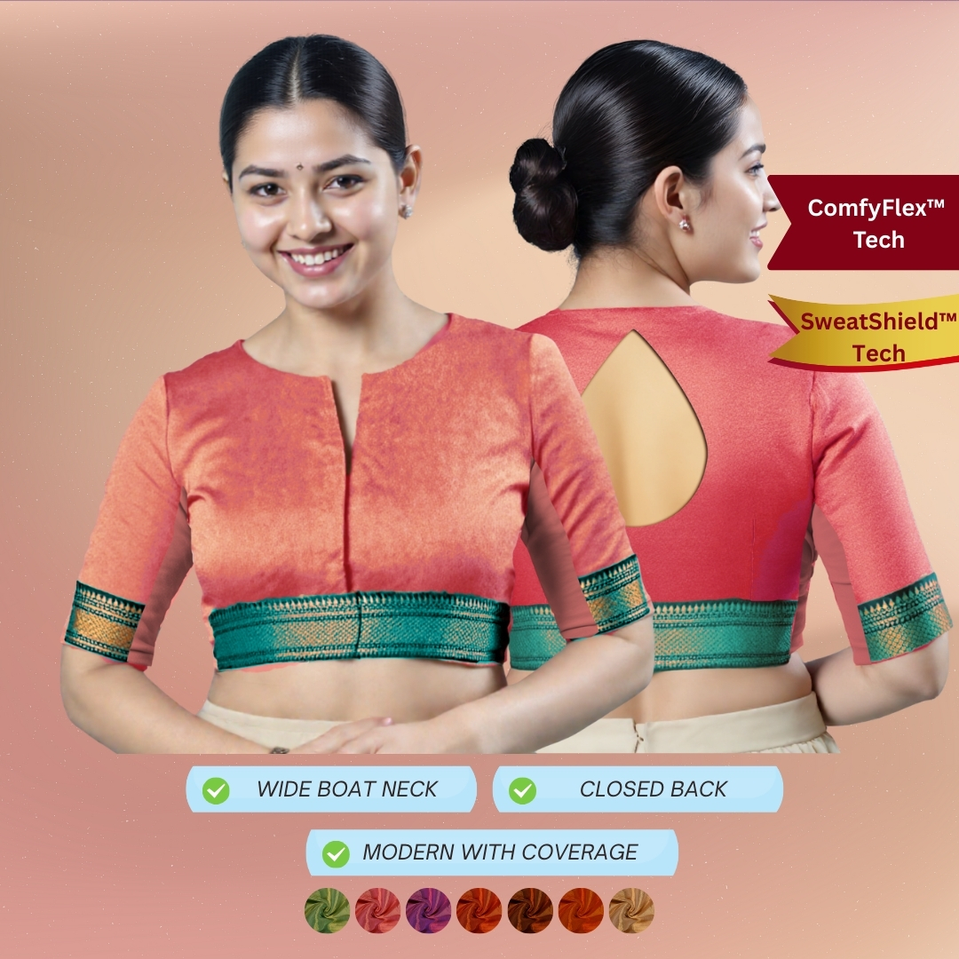 Round Neck with V cut Flexikaari Tissue Blouse with Sweatshield and teardrop back cut out